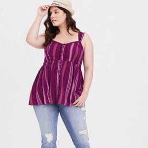 Torrid Babydoll Crepe smocked back textured v-neck striped Tank top size large